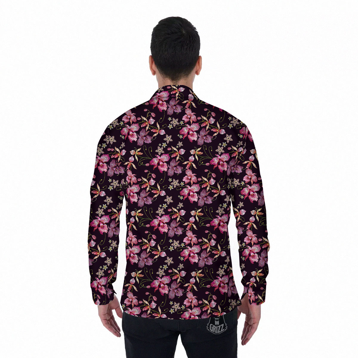 Flower Embroidery Orchid Print Pattern Men's Long Sleeve Shirts-grizzshop