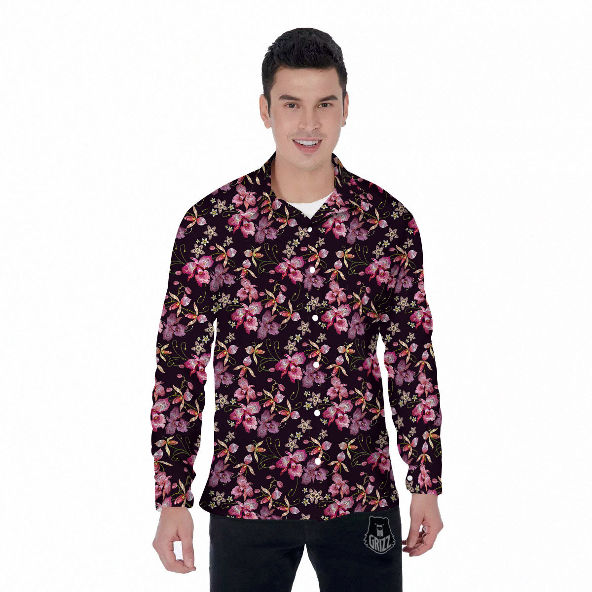 Flower Embroidery Orchid Print Pattern Men's Long Sleeve Shirts-grizzshop
