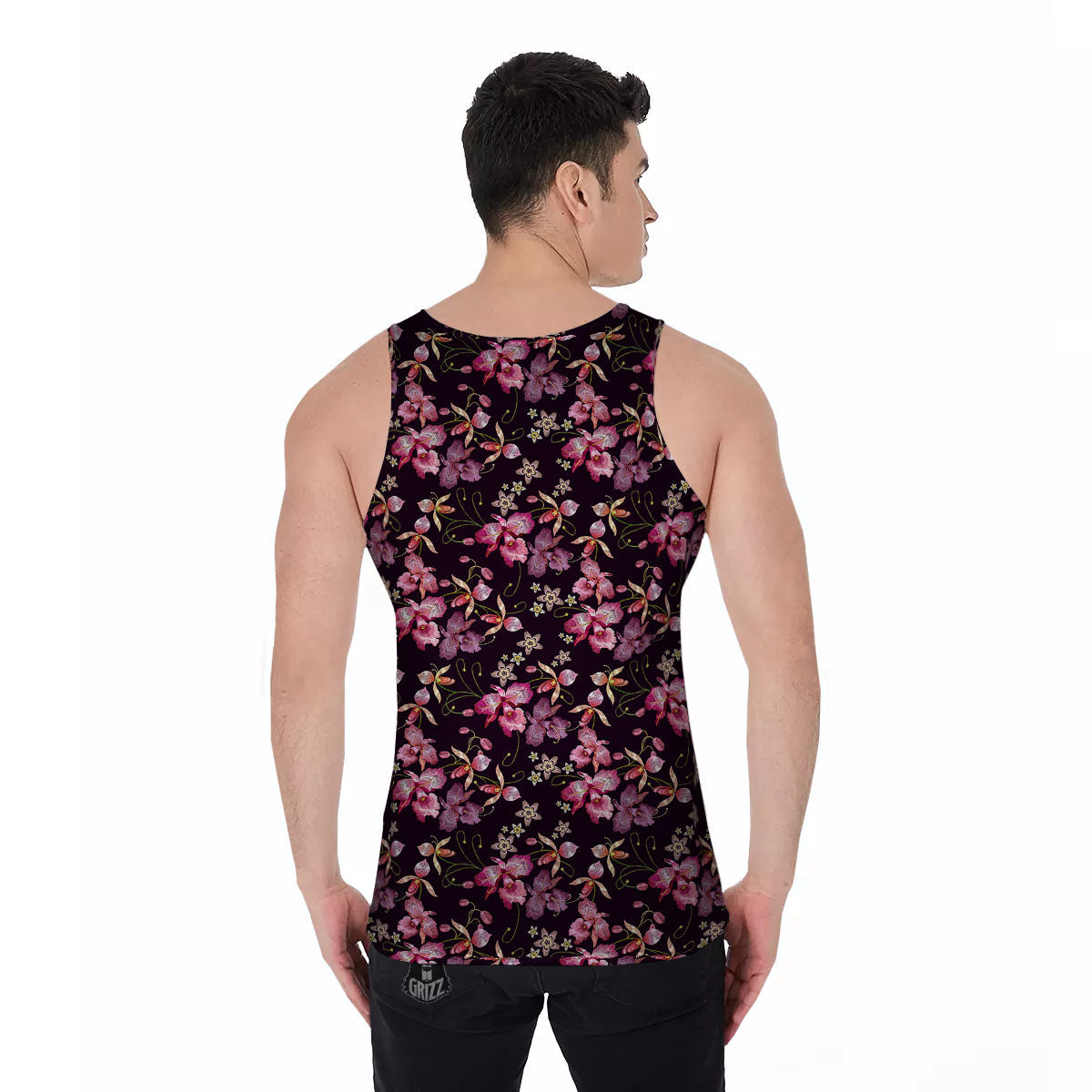 Flower Embroidery Orchid Print Pattern Men's Tank Top-grizzshop