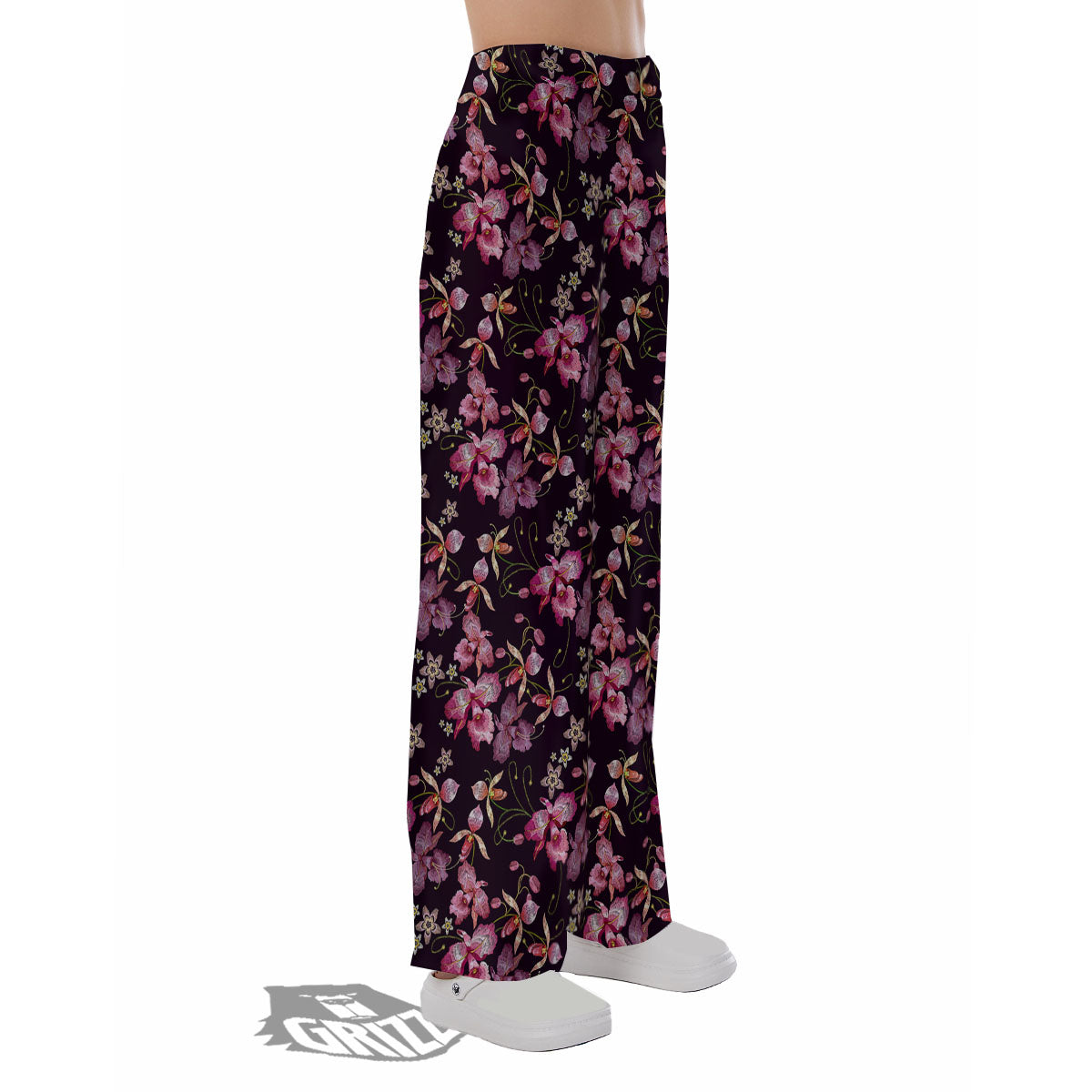 Flower Embroidery Orchid Print Pattern Pajama Pants-grizzshop