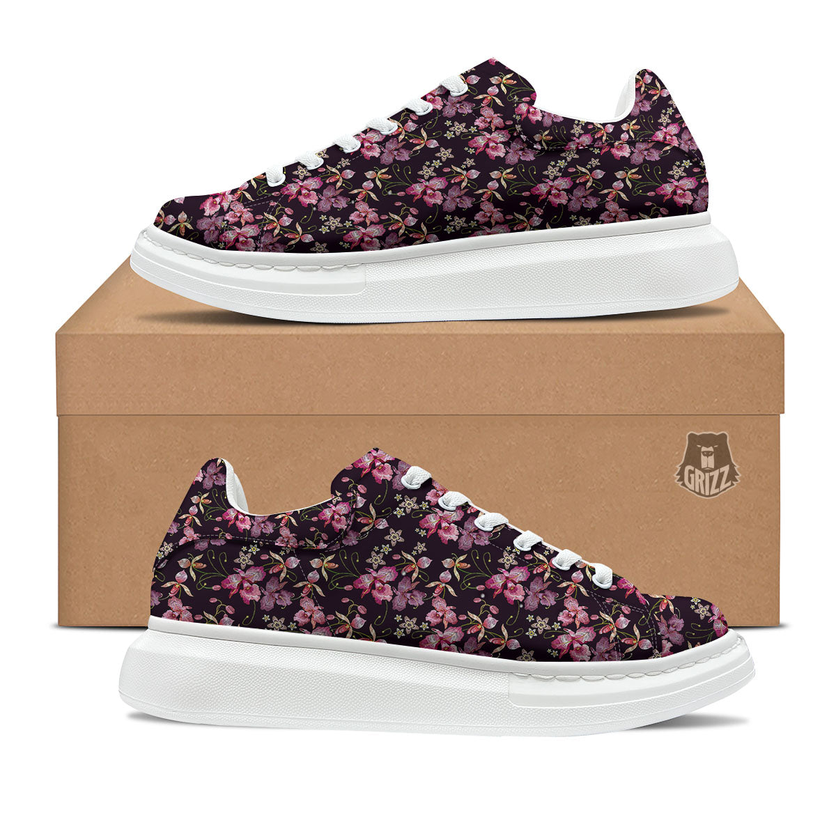 Flower Embroidery Orchid Print Pattern Platform Shoes-grizzshop