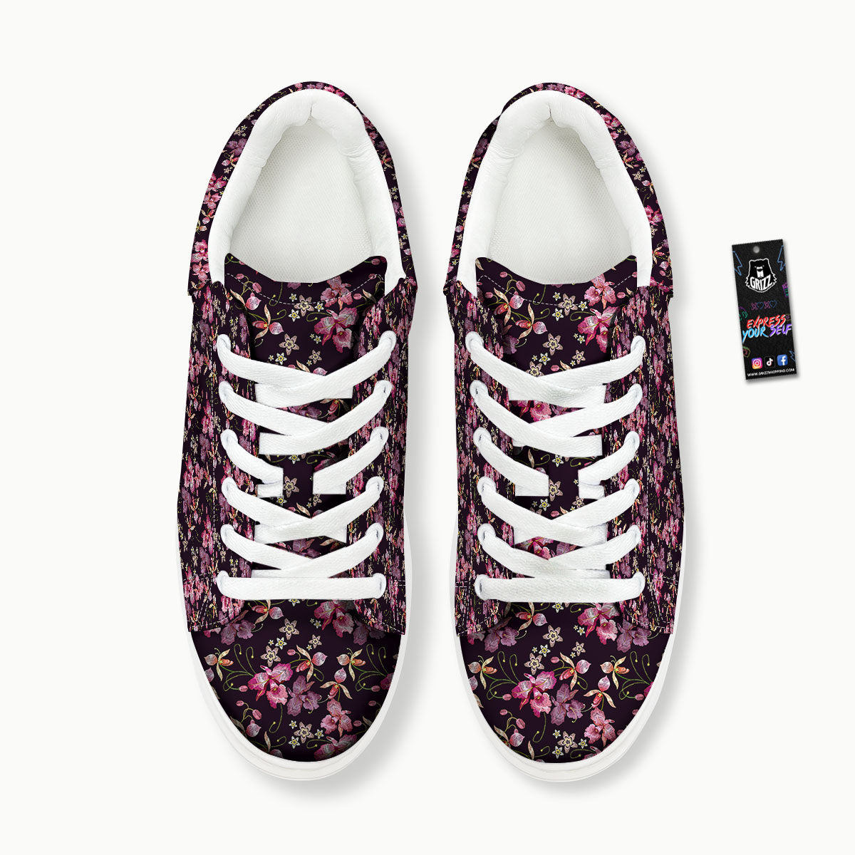 Flower Embroidery Orchid Print Pattern Platform Shoes-grizzshop