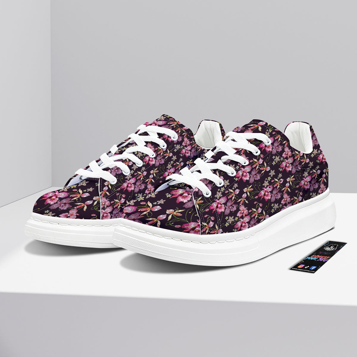 Flower Embroidery Orchid Print Pattern Platform Shoes-grizzshop