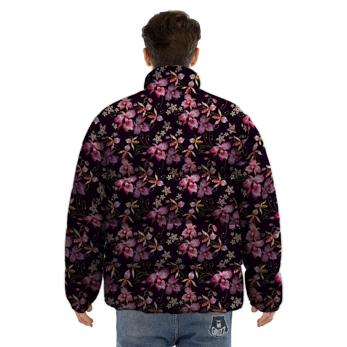 Flower Embroidery Orchid Print Pattern Puffer Jacket-grizzshop