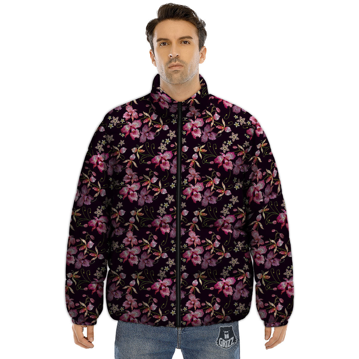 Flower Embroidery Orchid Print Pattern Puffer Jacket-grizzshop