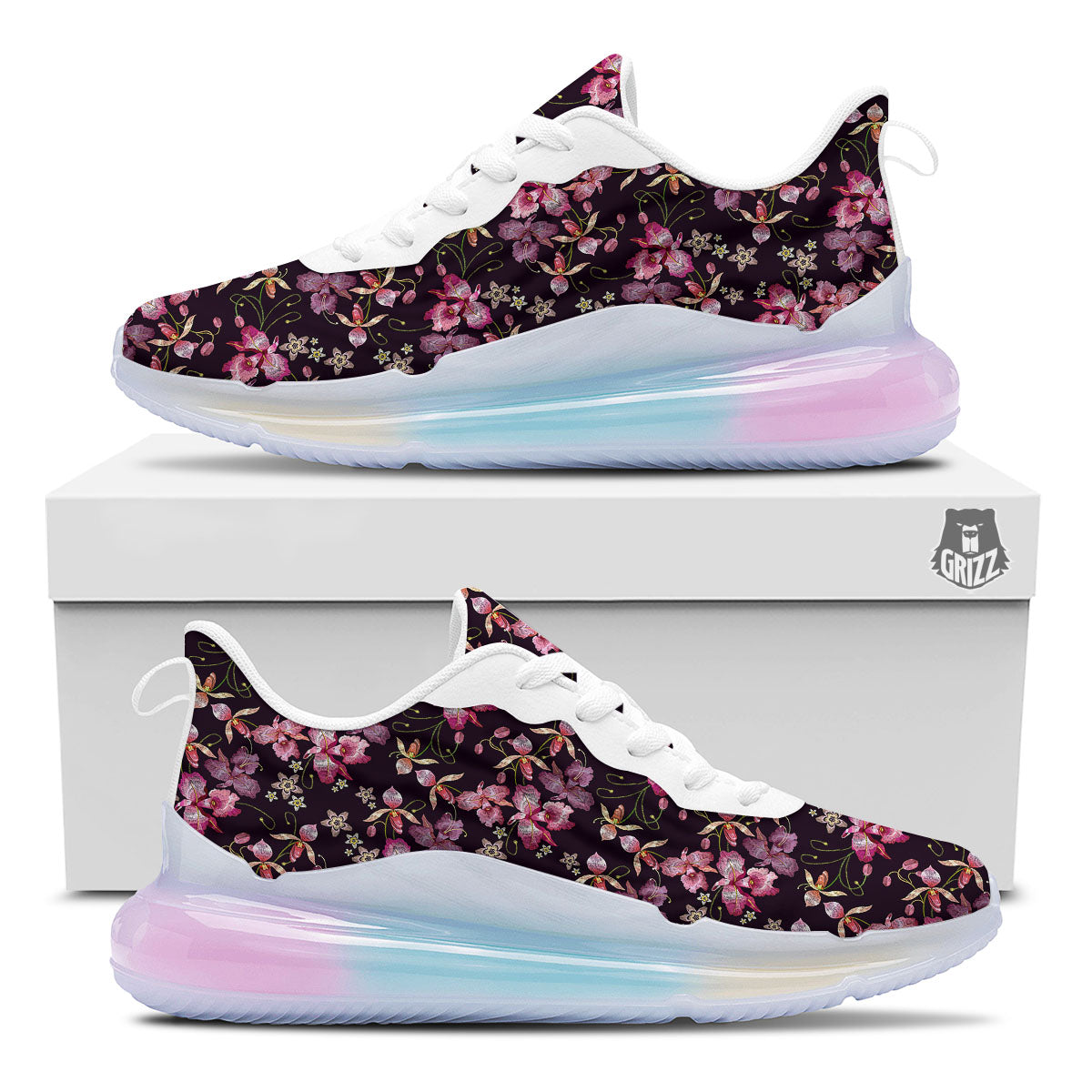 Flower Embroidery Orchid Print Pattern Running Sneakers-grizzshop