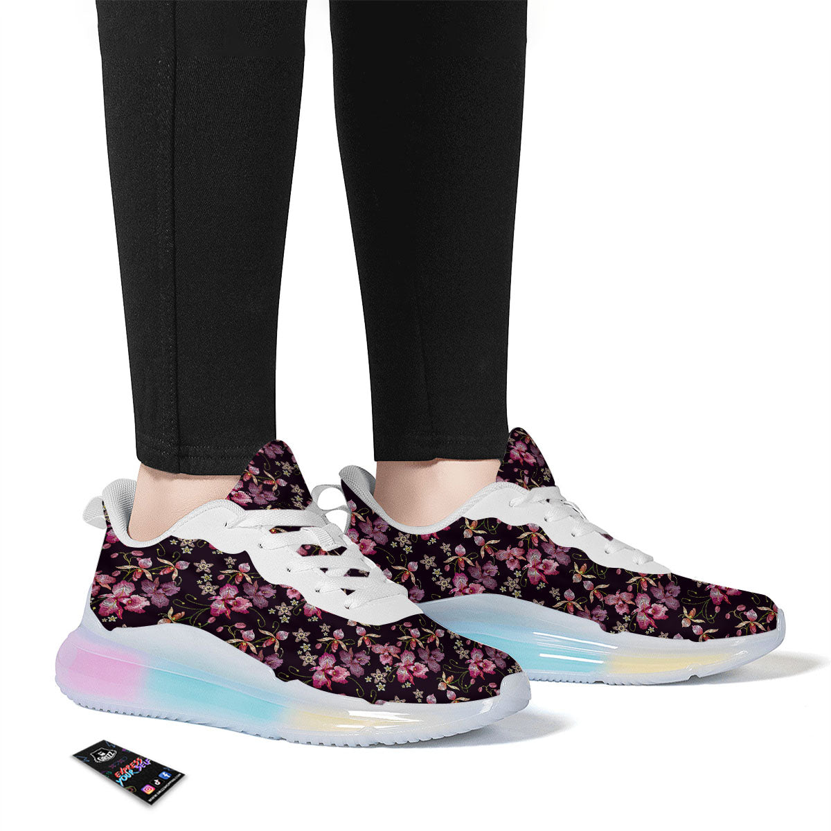 Flower Embroidery Orchid Print Pattern Running Sneakers-grizzshop