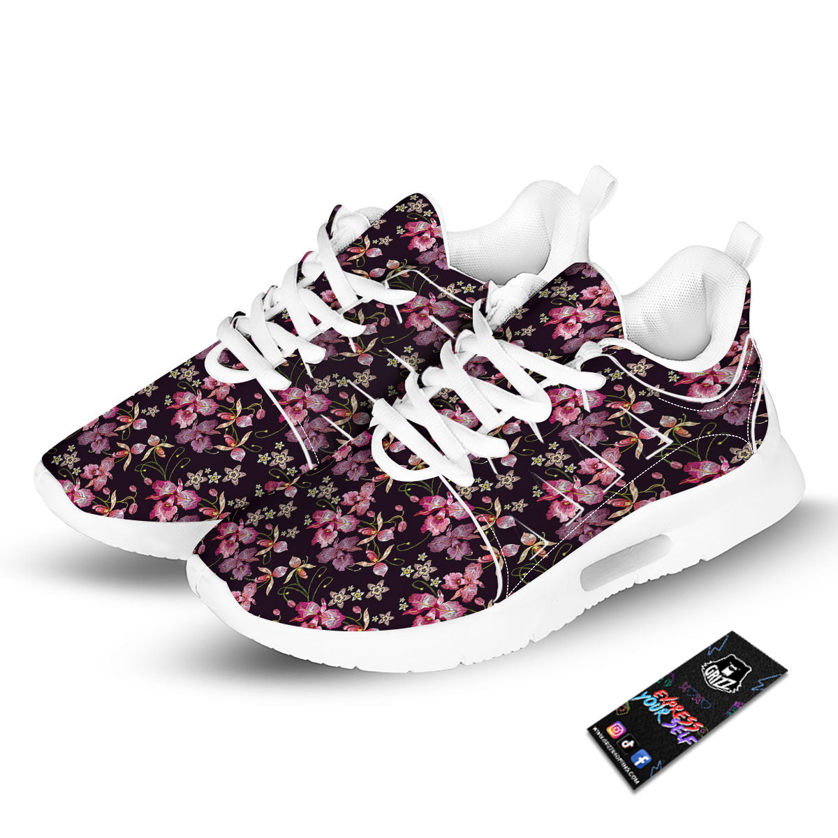 Flower Embroidery Orchid Print Pattern Tennis Shoes-grizzshop