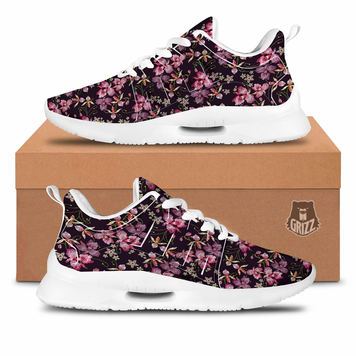 Flower Embroidery Orchid Print Pattern Tennis Shoes-grizzshop