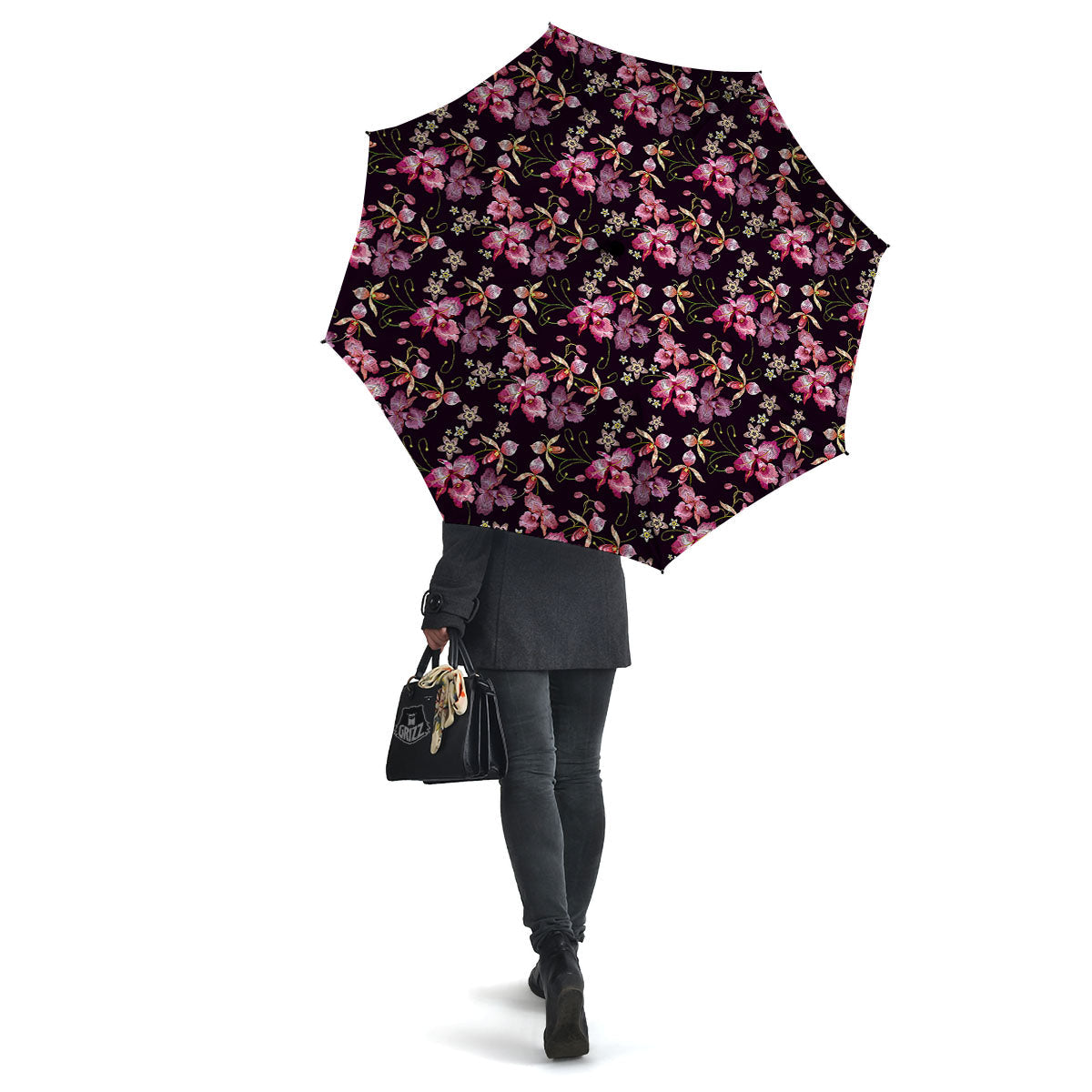 Flower Embroidery Orchid Print Pattern Umbrella-grizzshop