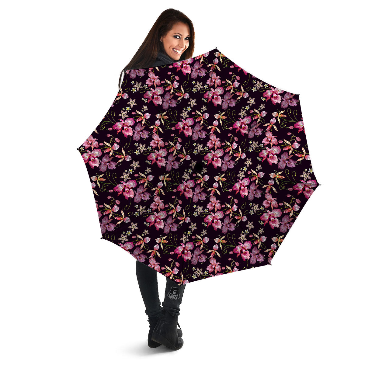Flower Embroidery Orchid Print Pattern Umbrella-grizzshop