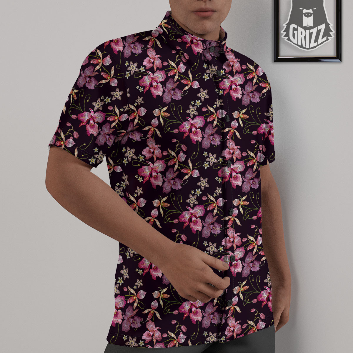 Flower Embroidery Orchid Print Pattern Untucked Shirts-grizzshop