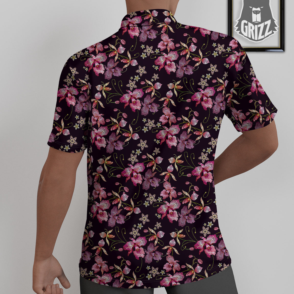 Flower Embroidery Orchid Print Pattern Untucked Shirts-grizzshop