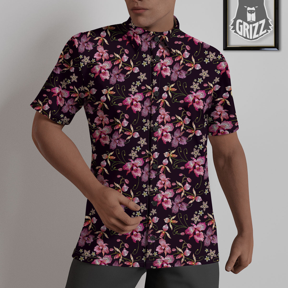 Flower Embroidery Orchid Print Pattern Untucked Shirts-grizzshop