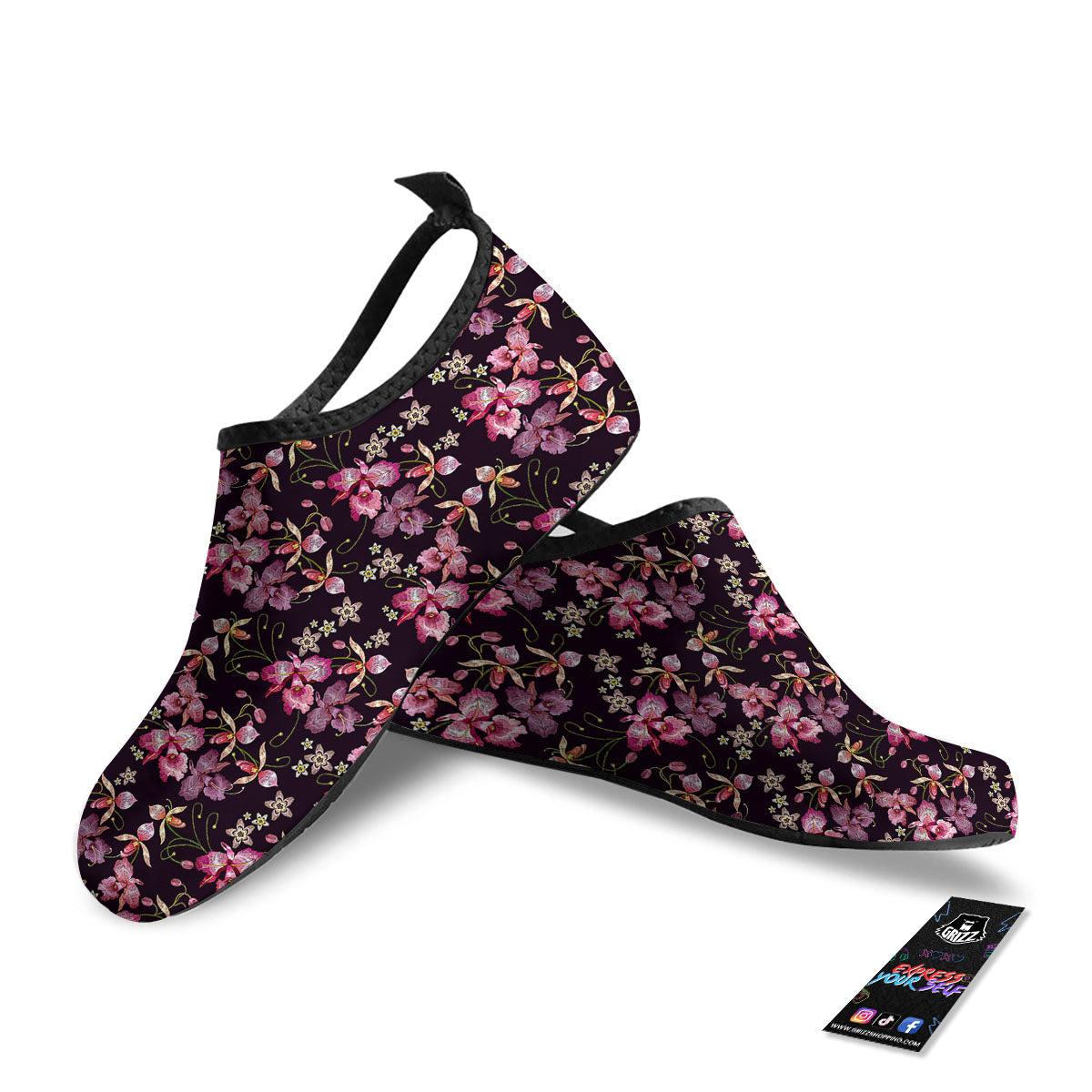 Flower Embroidery Orchid Print Pattern Water Shoes-grizzshop