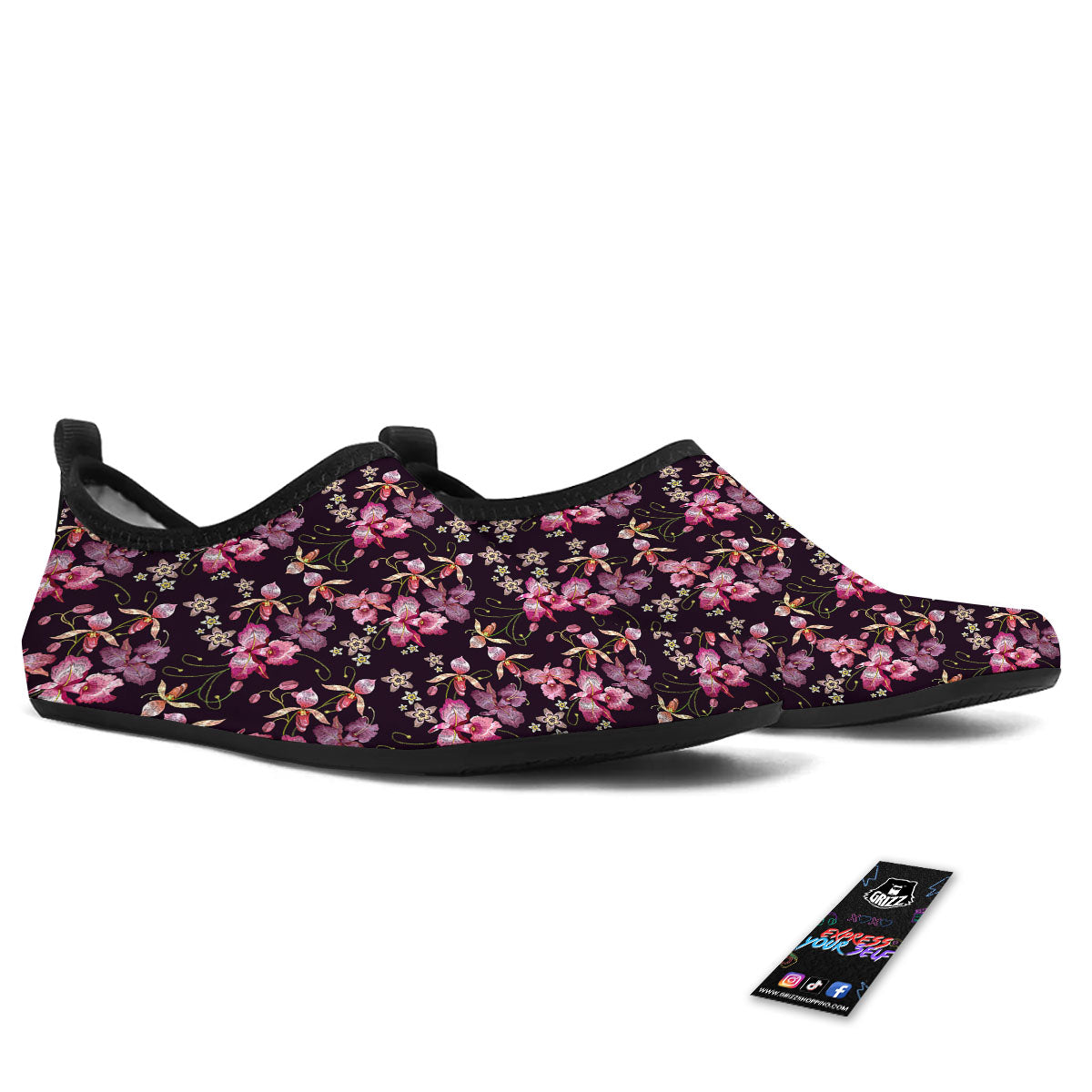 Flower Embroidery Orchid Print Pattern Water Shoes-grizzshop