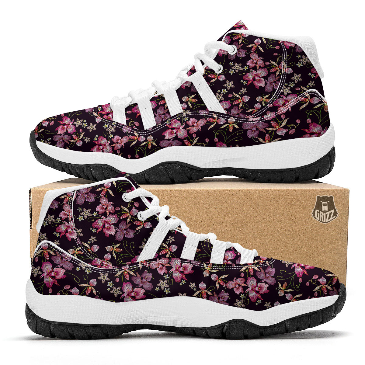 Flower Embroidery Orchid Print Pattern White Bball Shoes-grizzshop