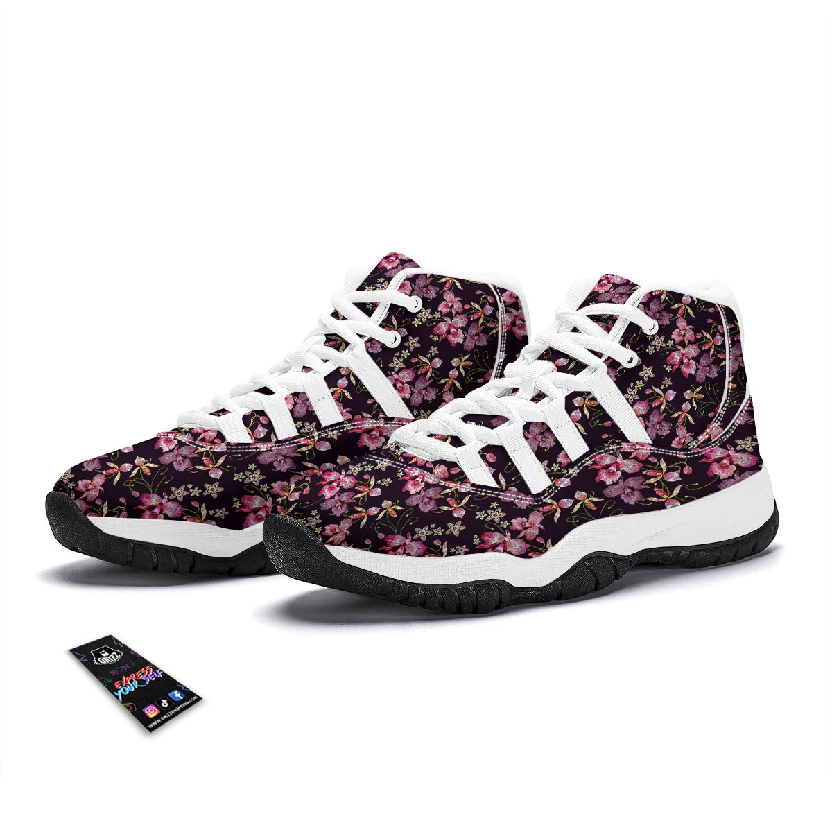 Flower Embroidery Orchid Print Pattern White Bball Shoes-grizzshop