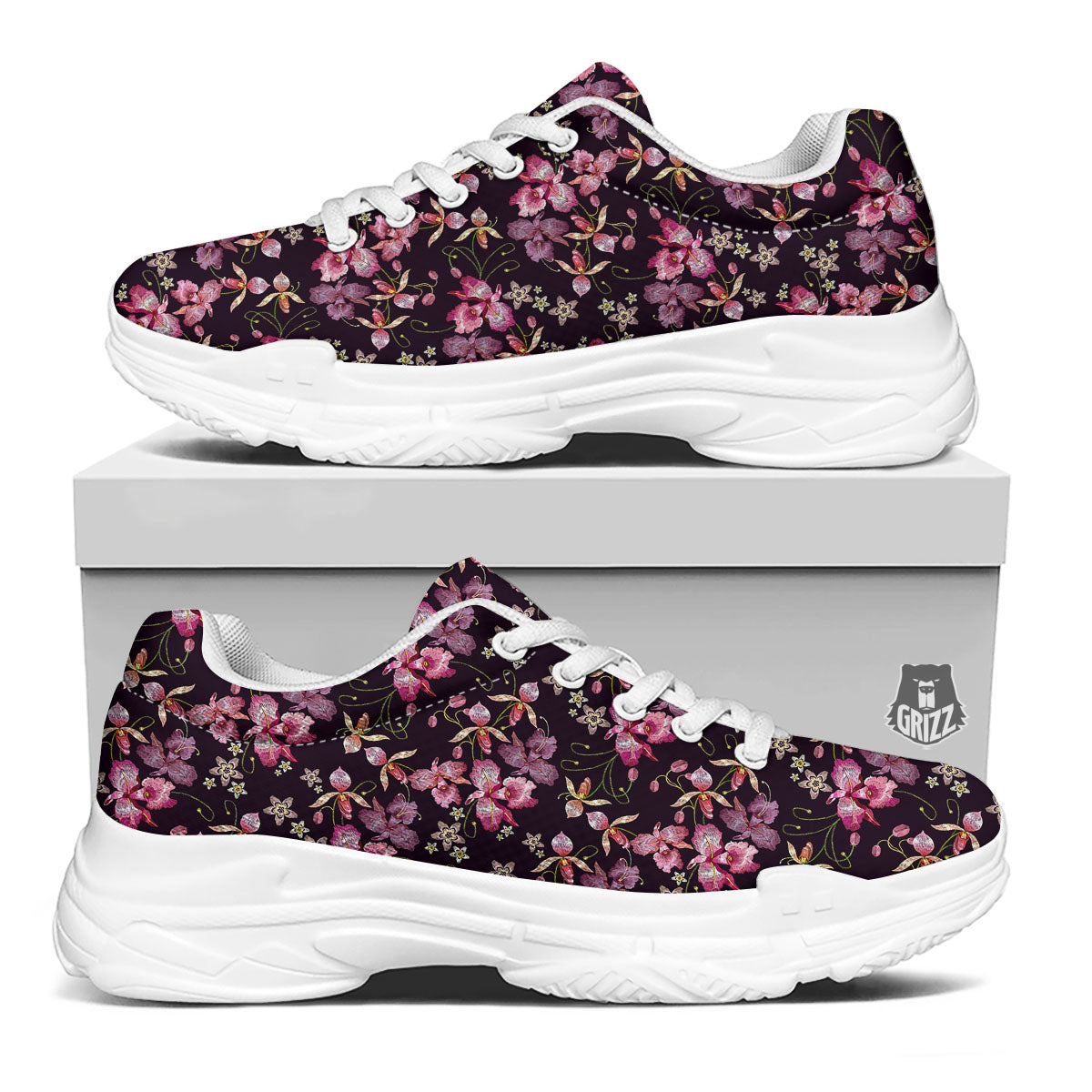 Flower Embroidery Orchid Print Pattern White Chunky Shoes-grizzshop
