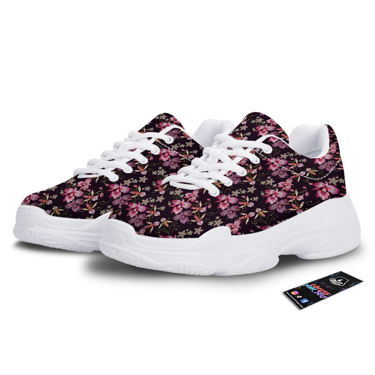 Flower Embroidery Orchid Print Pattern White Chunky Shoes-grizzshop