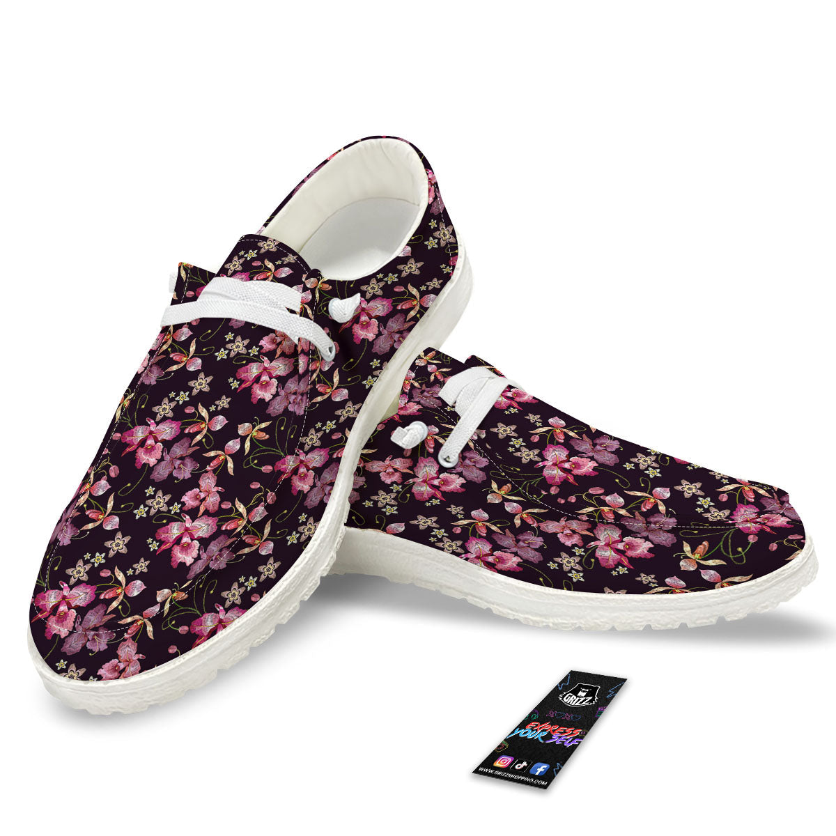 Flower Embroidery Orchid Print Pattern White Loafers-grizzshop