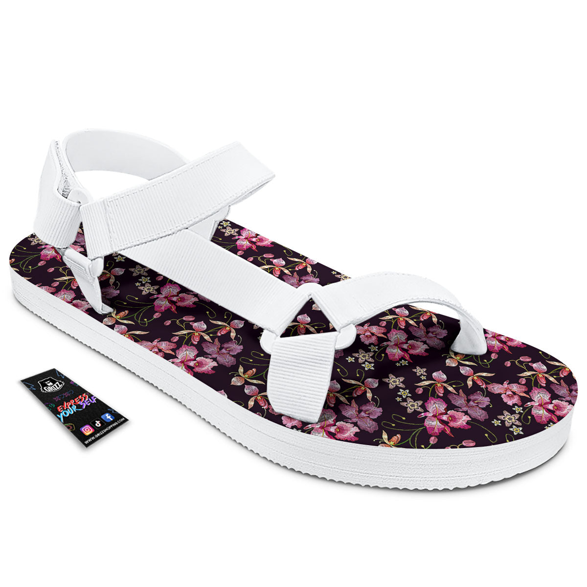 Flower Embroidery Orchid Print Pattern White Open Toe Sandals-grizzshop