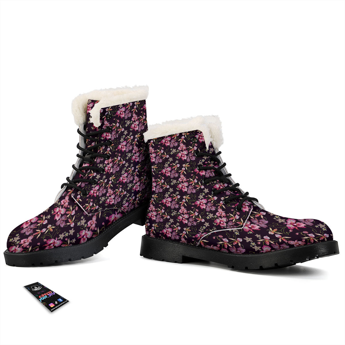Flower Embroidery Orchid Print Pattern Winter Boots-grizzshop
