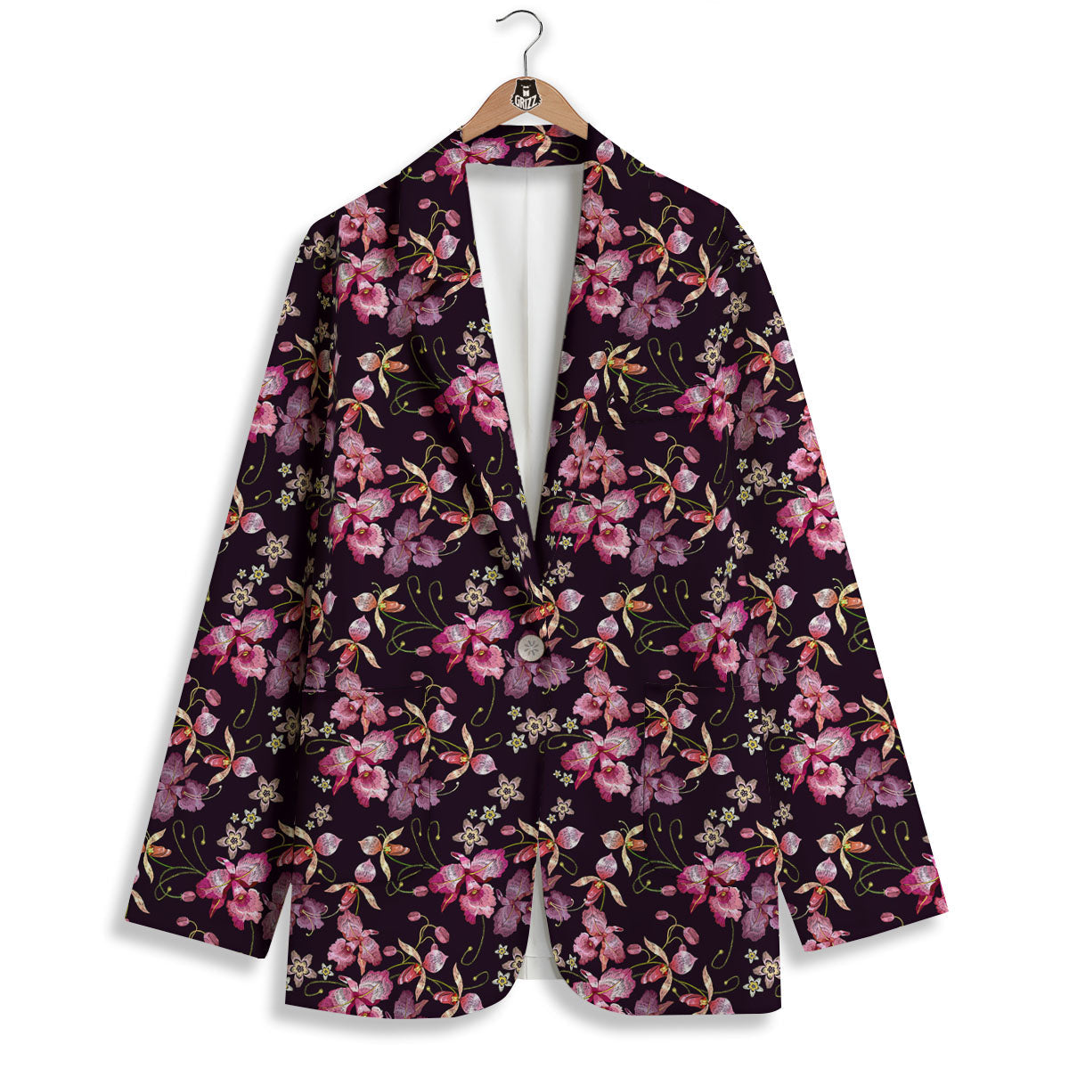 Flower Embroidery Orchid Print Pattern Women's Blazer-grizzshop