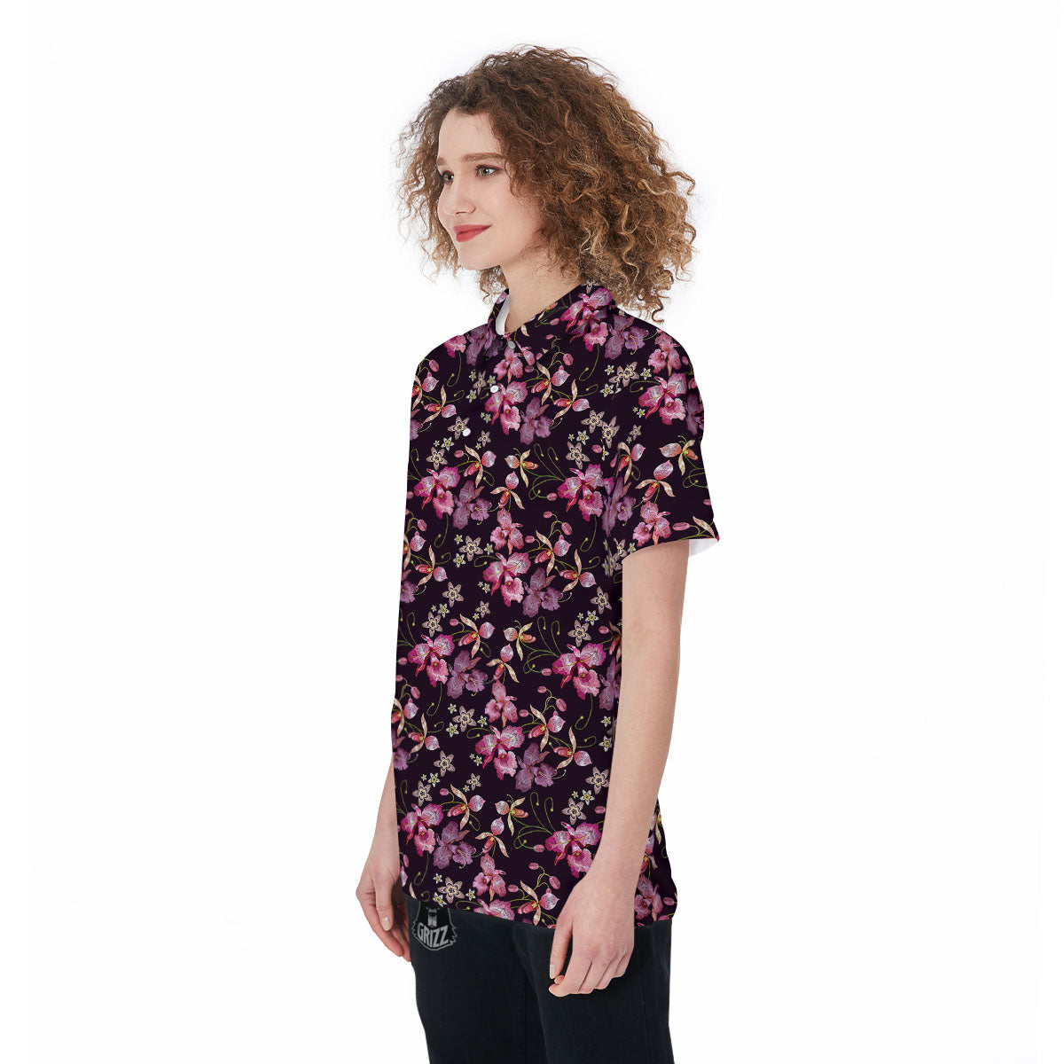 Flower Embroidery Orchid Print Pattern Women's Golf Shirts-grizzshop