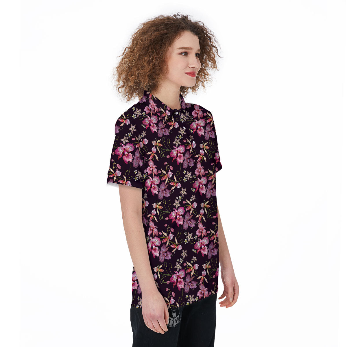 Flower Embroidery Orchid Print Pattern Women's Golf Shirts-grizzshop