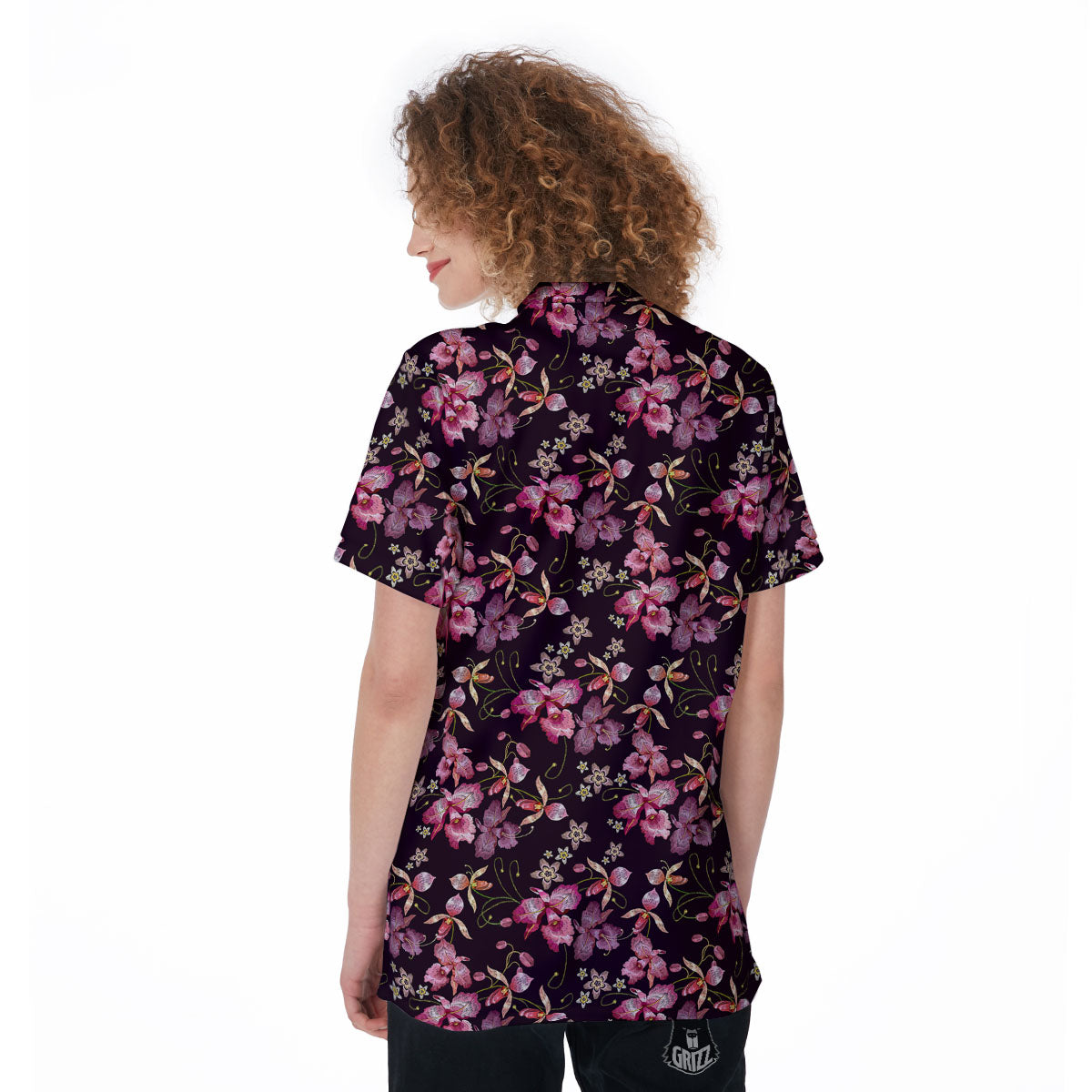 Flower Embroidery Orchid Print Pattern Women's Golf Shirts-grizzshop