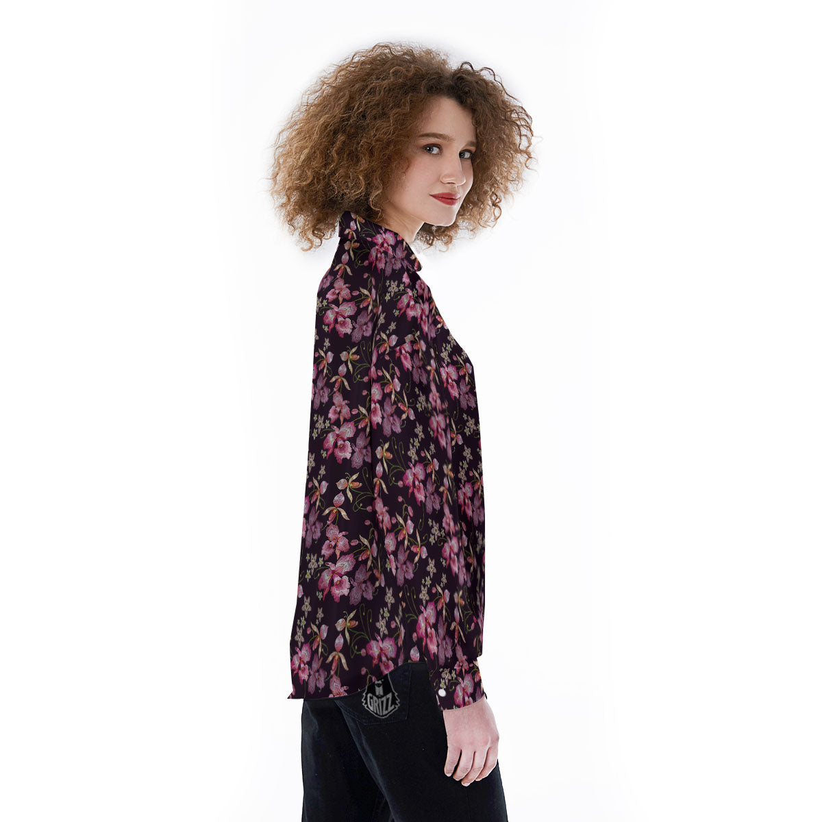 Flower Embroidery Orchid Print Pattern Women's Long Sleeve Shirts-grizzshop