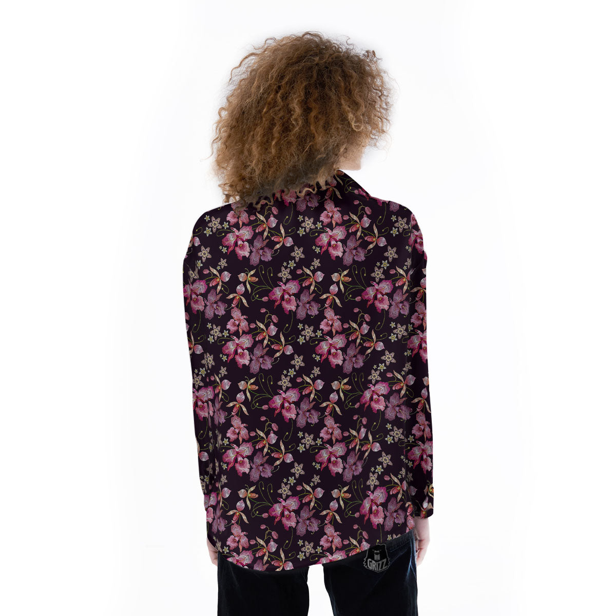 Flower Embroidery Orchid Print Pattern Women's Long Sleeve Shirts-grizzshop