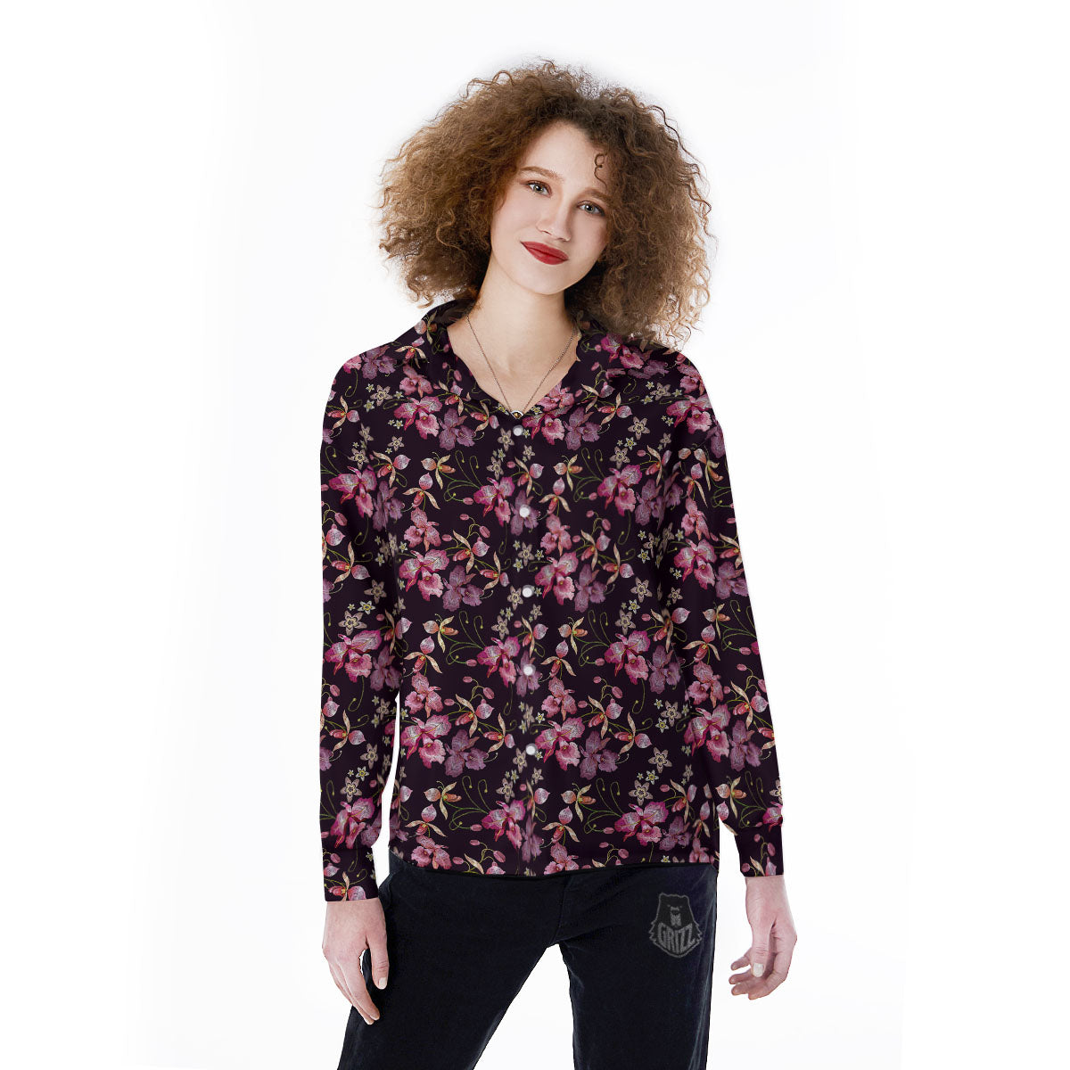 Flower Embroidery Orchid Print Pattern Women's Long Sleeve Shirts-grizzshop