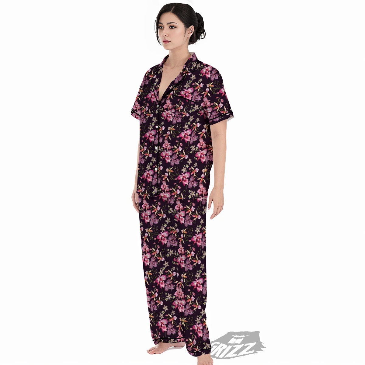 Flower Embroidery Orchid Print Pattern Women's Pajamas Set-grizzshop