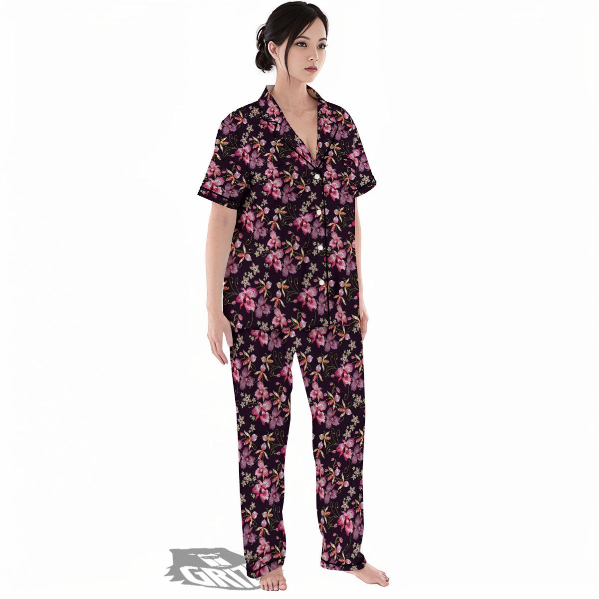 Flower Embroidery Orchid Print Pattern Women's Pajamas Set-grizzshop