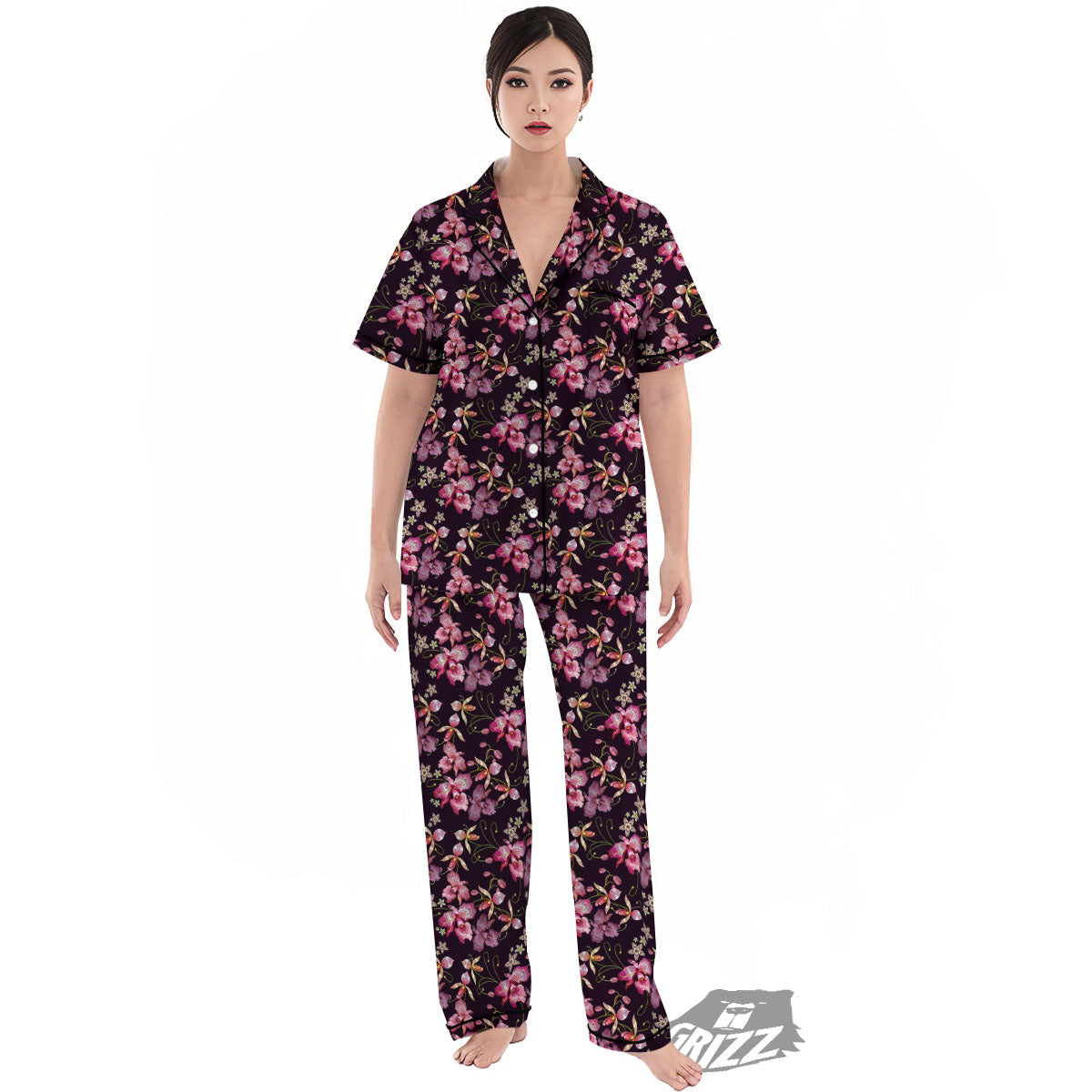 Flower Embroidery Orchid Print Pattern Women's Pajamas Set-grizzshop