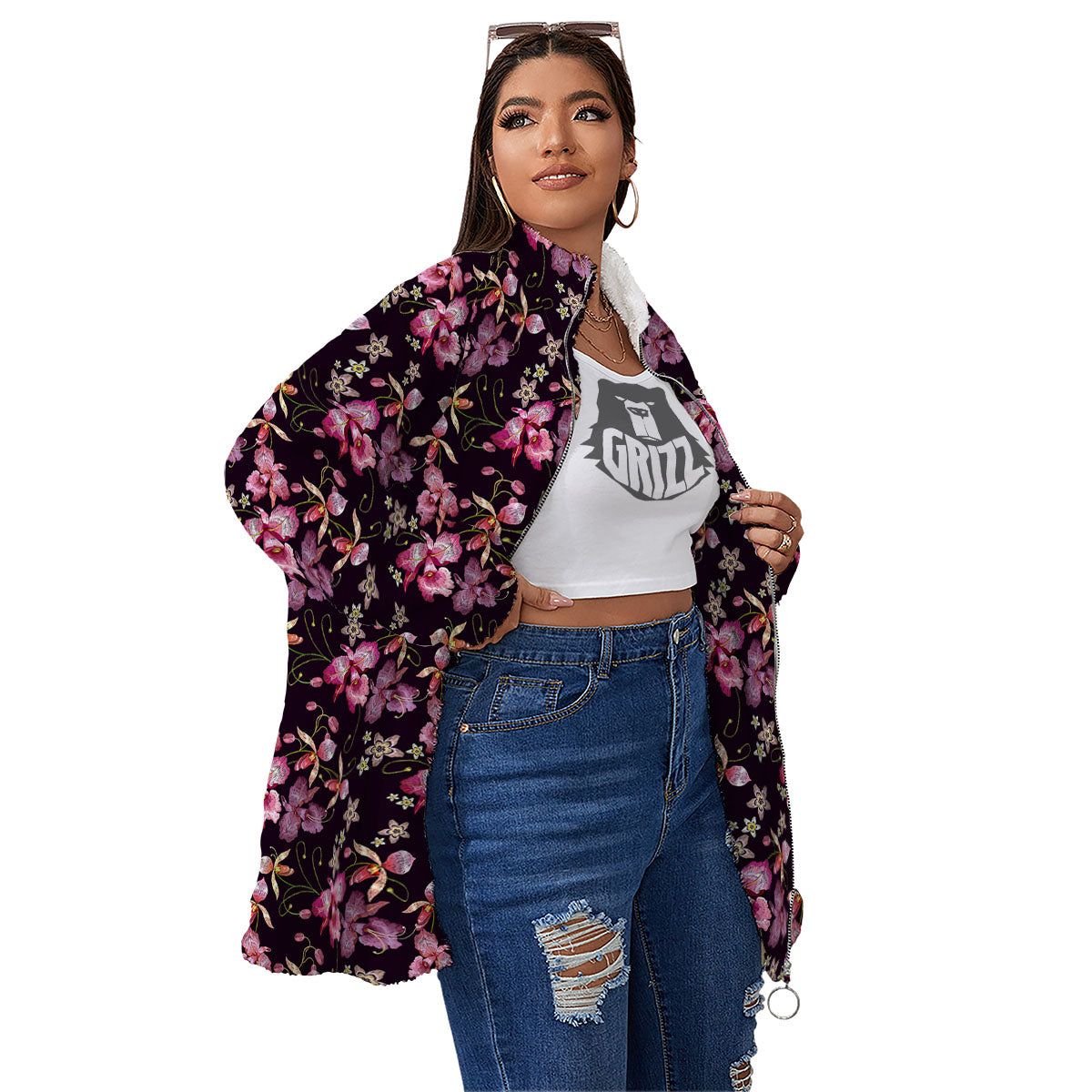 Flower Embroidery Orchid Print Pattern Women's Sherpa Jacket-grizzshop