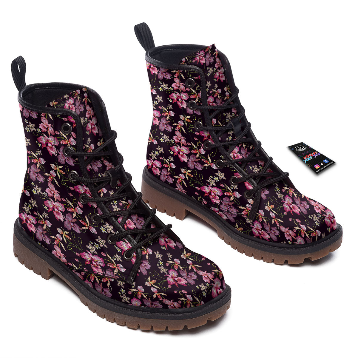 Flower Embroidery Orchid Print Pattern Work Boots-grizzshop