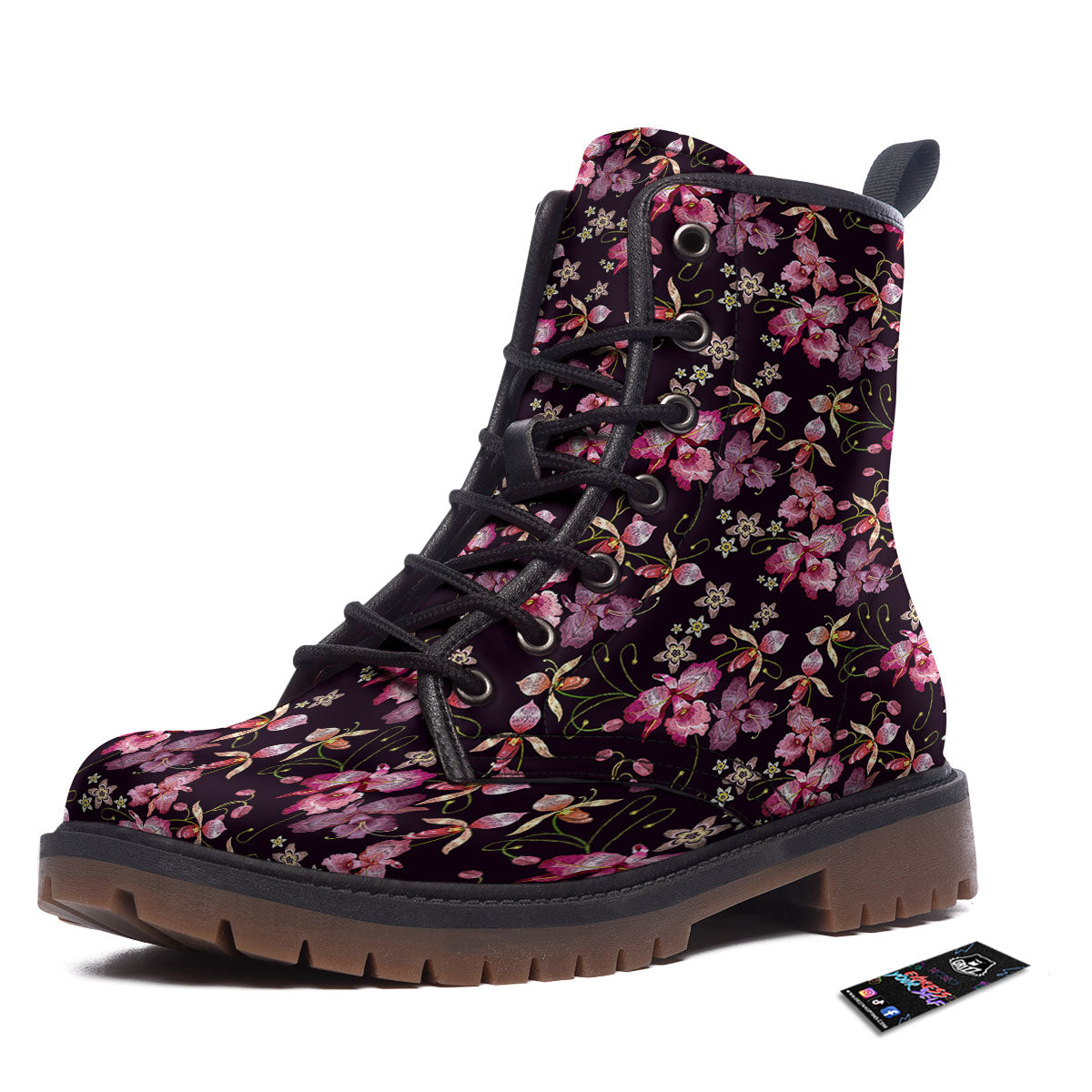 Flower Embroidery Orchid Print Pattern Work Boots-grizzshop