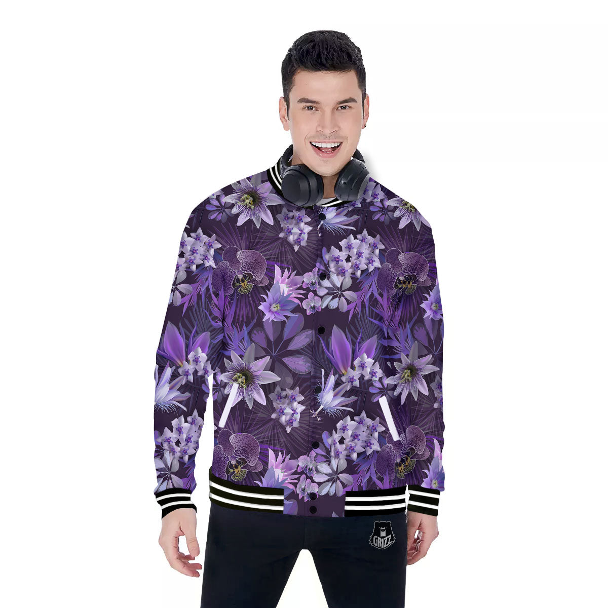 Flower Floral Purple Print Pattern Baseball Jacket-grizzshop