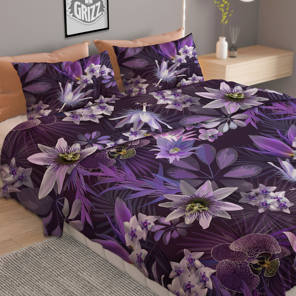 Floral Western Grey And White Print Pattern Duvet Cover Bedding Set