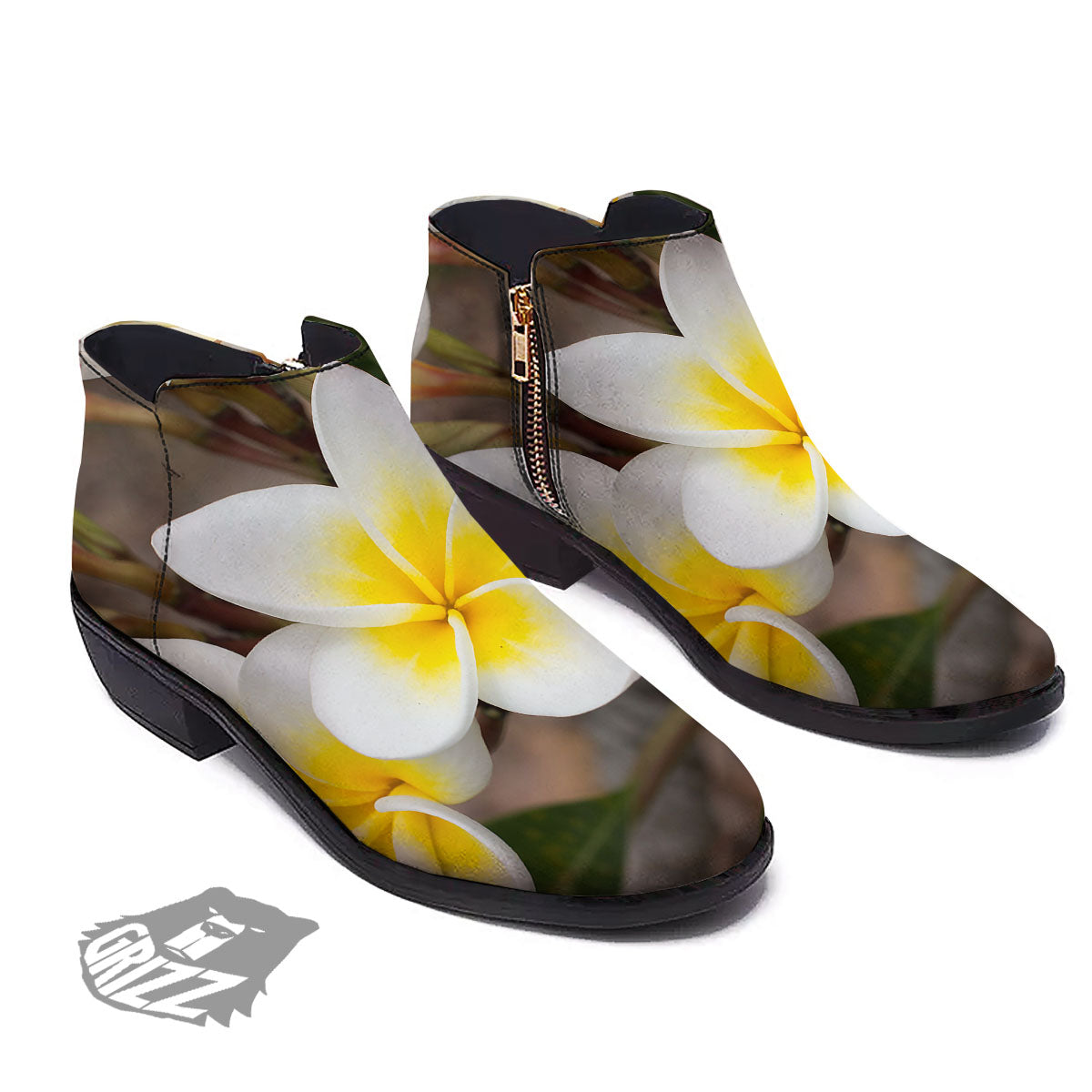 Flower Frangipani Print Ankle Boots-grizzshop