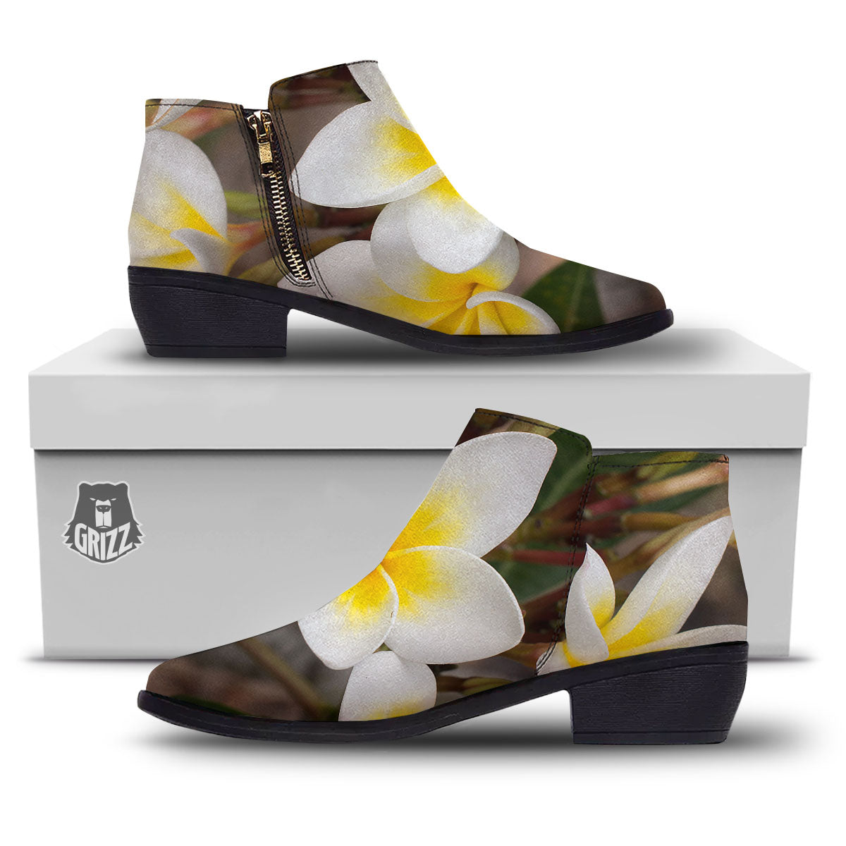 Flower Frangipani Print Ankle Boots-grizzshop