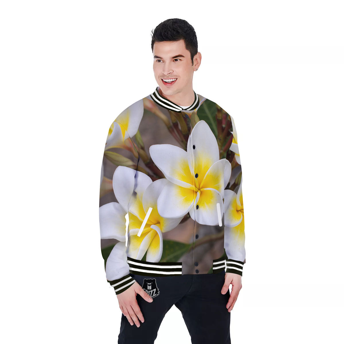 Flower Frangipani Print Baseball Jacket-grizzshop