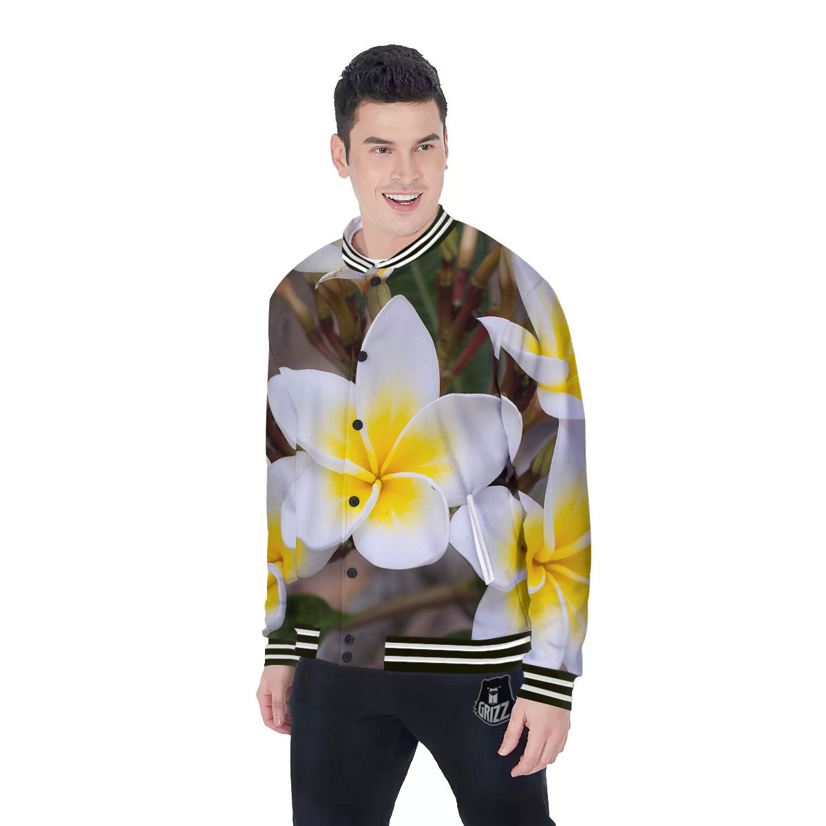 Flower Frangipani Print Baseball Jacket-grizzshop