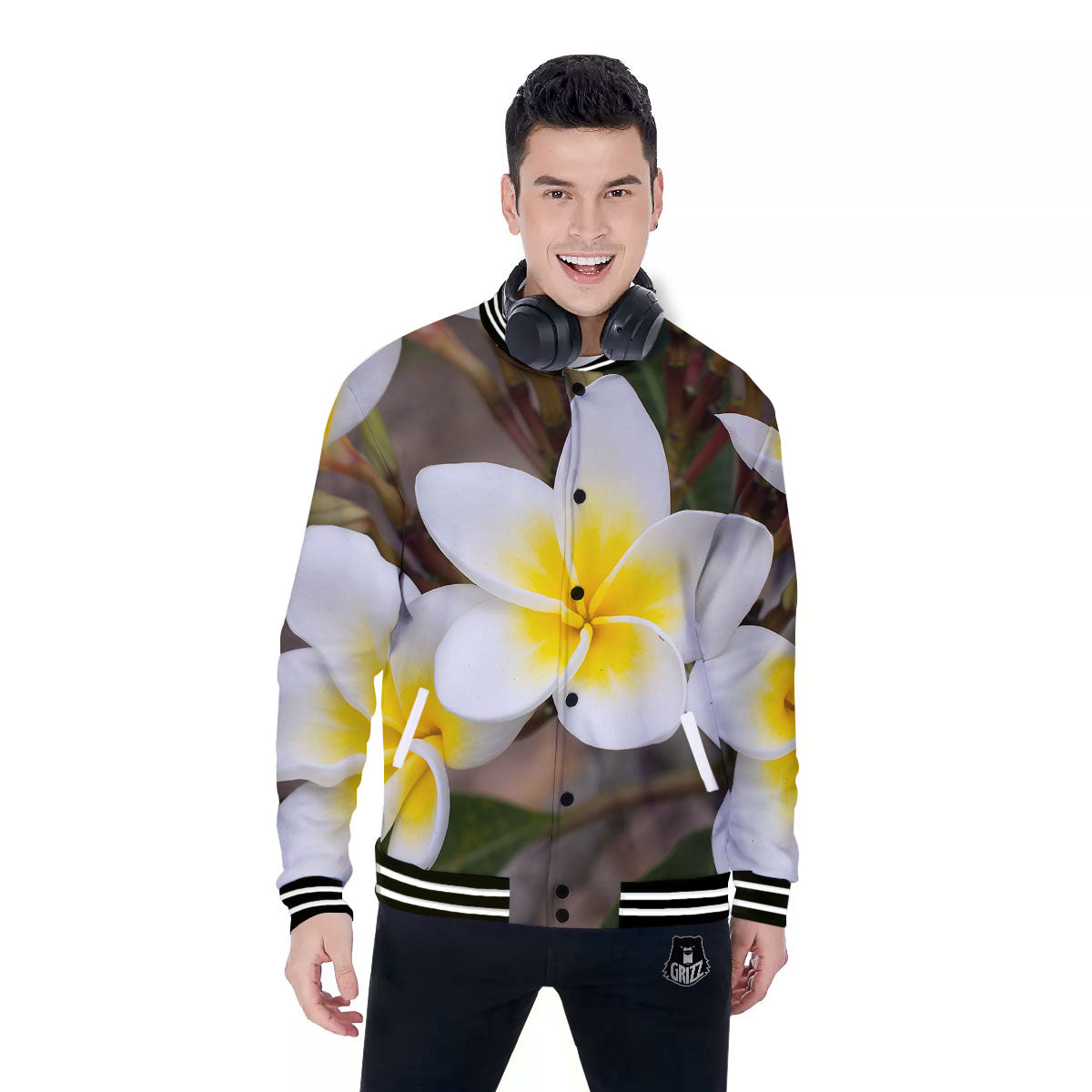 Flower Frangipani Print Baseball Jacket-grizzshop