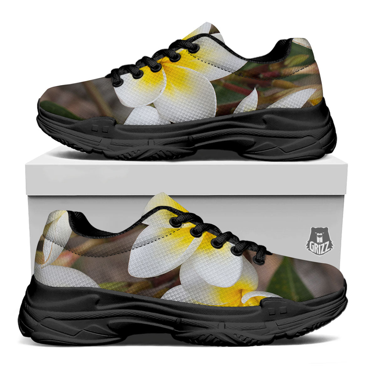 Flower Frangipani Print Black Chunky Shoes-grizzshop