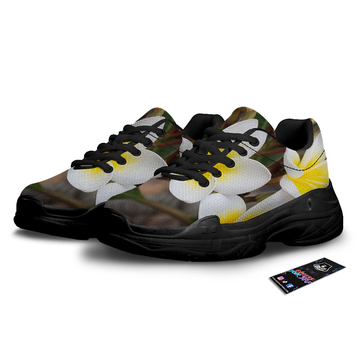 Flower Frangipani Print Black Chunky Shoes-grizzshop