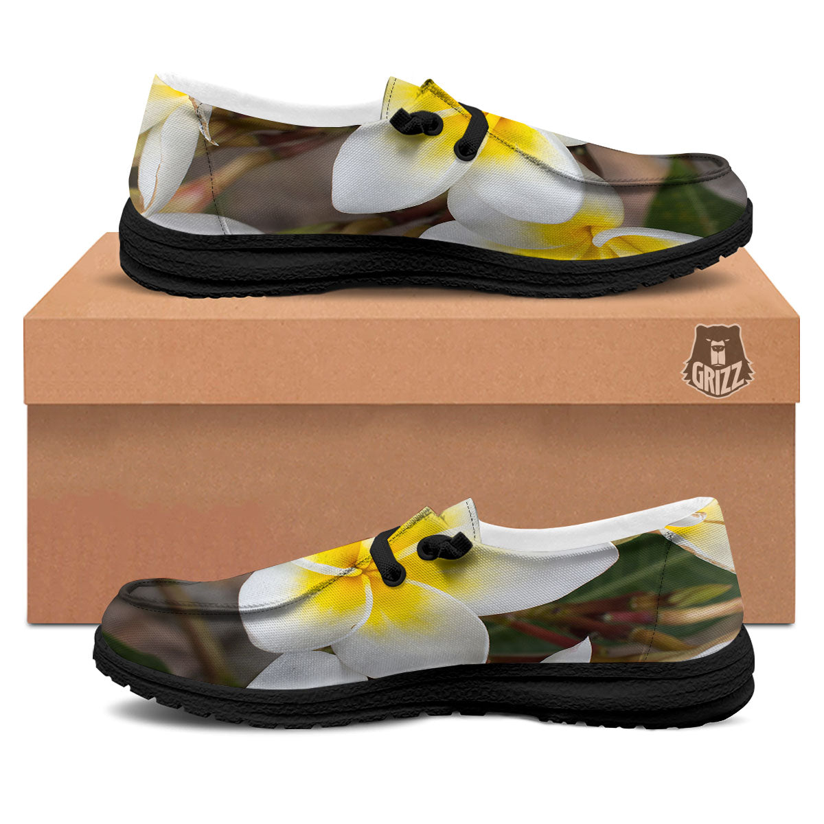 Flower Frangipani Print Black Loafers-grizzshop